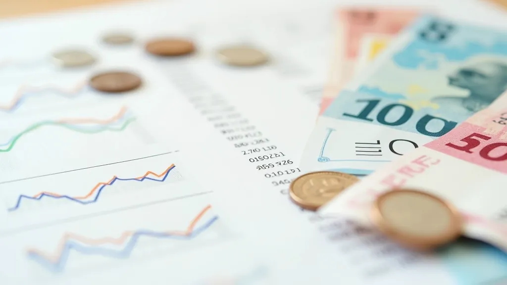 Banknotes un monētas sakrautas uz budžeta tabulas ar grafikus un diagrammām