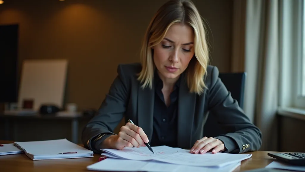 Sieviete sēž pie darbvirsmas ar notebook un kalkulatoru, analizējot finanšu dokumentus